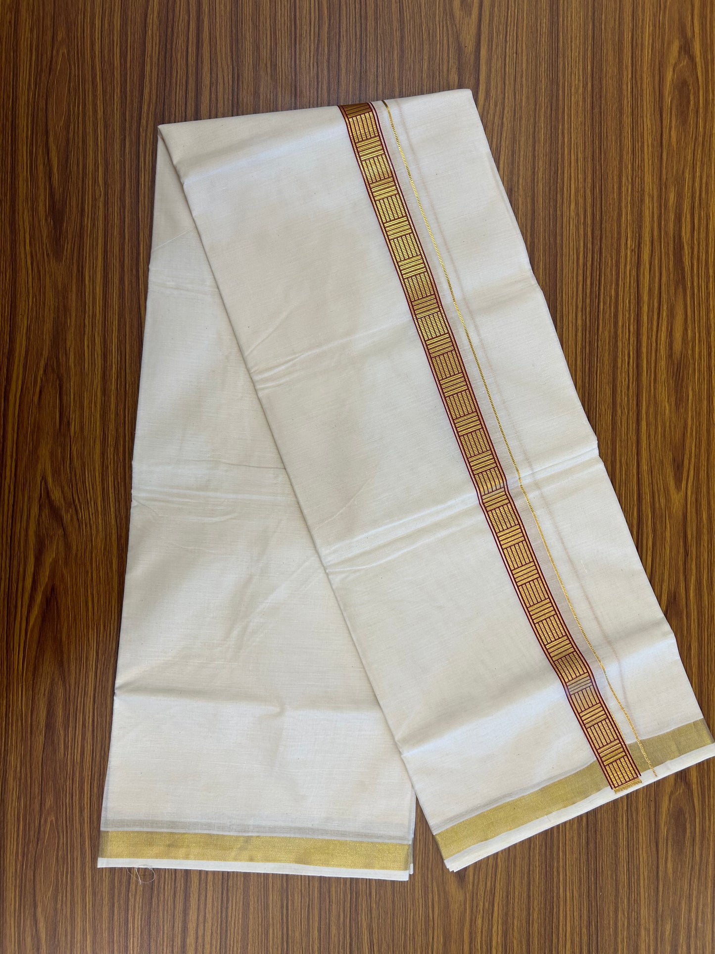 20% Discount!! KaithariKada Balaramapuram 100% Cotton Double Off White - (Unbleached) Mundu/Dhoti (60s) - 1 inch Gold Kasav & Dark Magenta Pattern Printed Kara - 19 KK5371 GAN