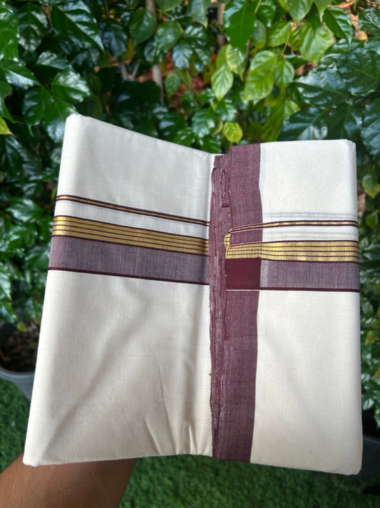 25% Discount ! KaithariKada Handloom Millpaav Balaramapuram - Cotton Off White (Unbleached) Double Mundu/Dothi - 80x90 - 1.25 inch Gold Kasav & Brown Side Stripes Mulloth Kara 4 Meters (8.5 Muzham) - 113 KK5256 RAM