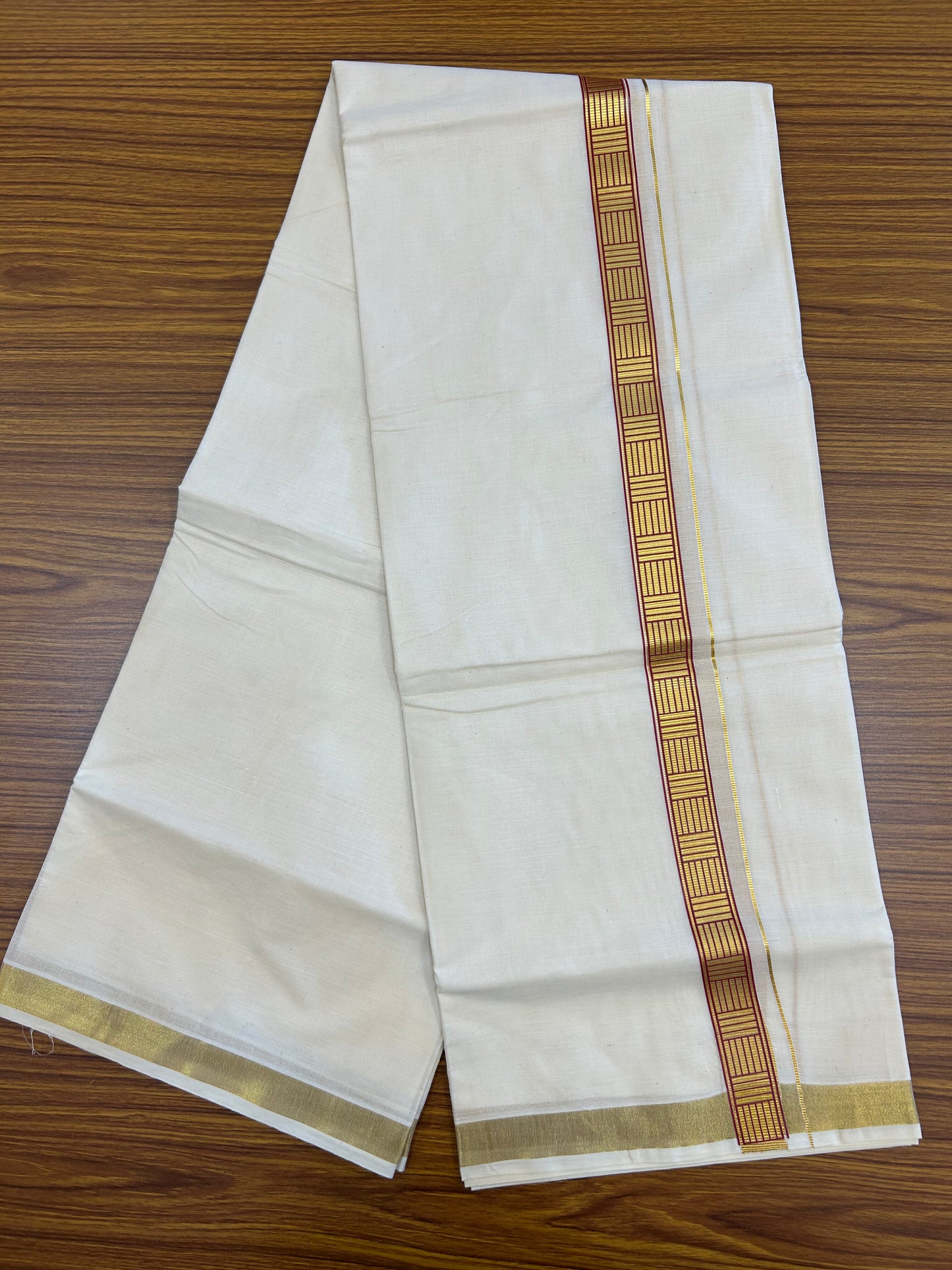 20% Discount!! KaithariKada Balaramapuram 100% Cotton Double Off White - (Unbleached) Mundu/Dhoti (60s) - 1 inch Gold Kasav & Dark Magenta Pattern Printed Kara - 19 KK5371 GAN