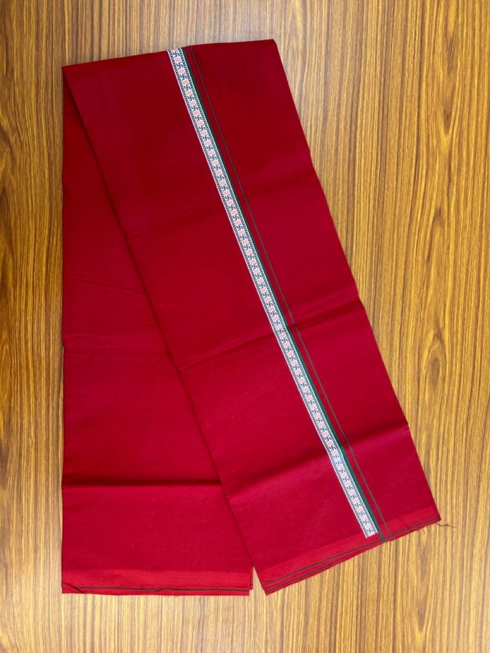 39% Discount! Kaitharikada - Pure Cotton - Single Kaily / Lungi - 0.75 inch Green & Multi colour Pattern Printed kara with Maroon colour body (2 meter / 4 muzham) - 39 KK8035 GAN
