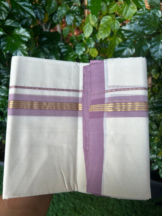 25% Discount ! KaithariKada Handloom Millpaav Balaramapuram -  Cotton Off White (Unbleached) Double Mundu/Dothi - 80x90 - 1.75 inch Gold Kasavu & Light Plum Stripes Mulloth Kara 4 Meters (8.5 Muzham) - 118 KK5256 RAM