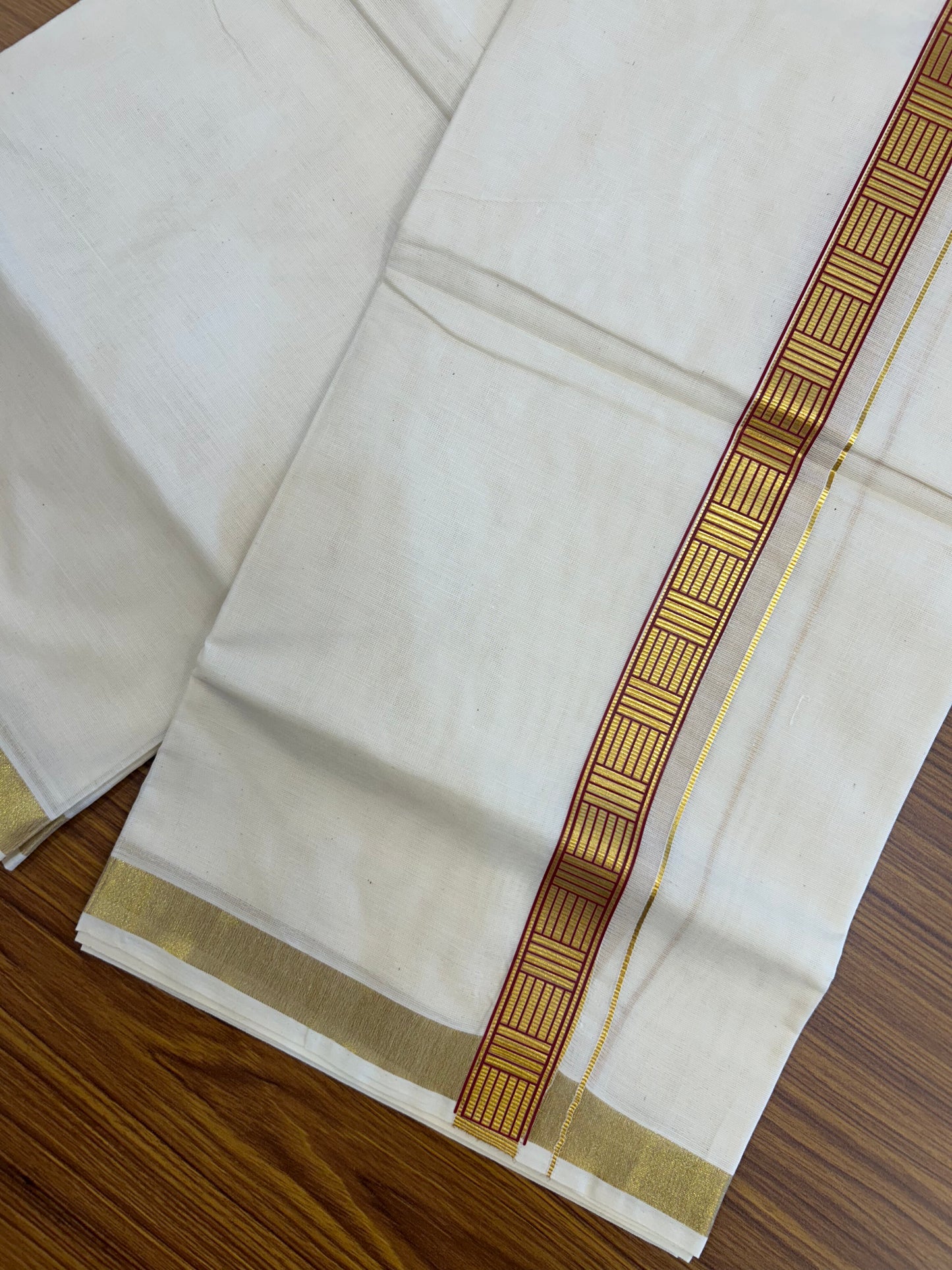 20% Discount!! KaithariKada Balaramapuram 100% Cotton Double Off White - (Unbleached) Mundu/Dhoti (60s) - 1 inch Gold Kasav & Dark Magenta Pattern Printed Kara - 19 KK5371 GAN