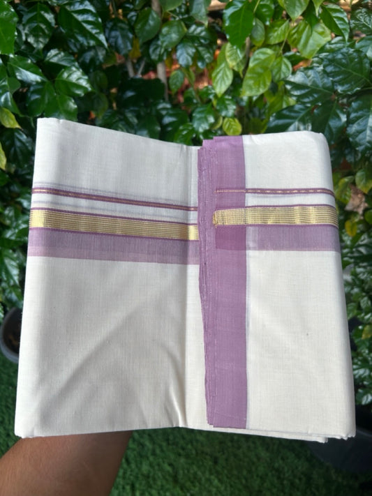 25% Discount ! KaithariKada Handloom Millpaav Balaramapuram - Cotton Off White (Unbleached) Double Mundu/Dothi - 80x90 - 1.25 inch Gold Kasav & Light Plum Side Stripes Mulloth Kara 4 Meters (8.5 Muzham) - 112 KK5256 RAM