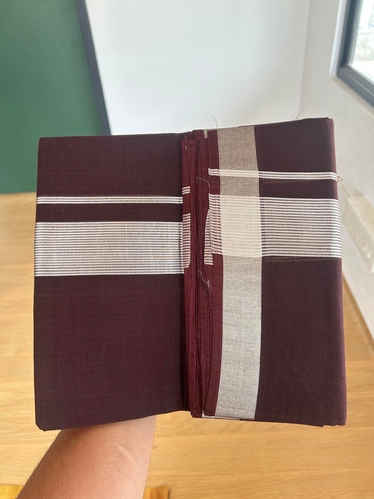 25% Discount! KaithariKada Handloom Unakkupaav Kerala Handloom - 100% Cotton Double Mundu/Dhoti - Chocolate Brown Colour Body - 1.75 inch Silver Kasav Striped  Kara - 4 Mtr (8.5 Muzham) - 1 KK5387 YAR