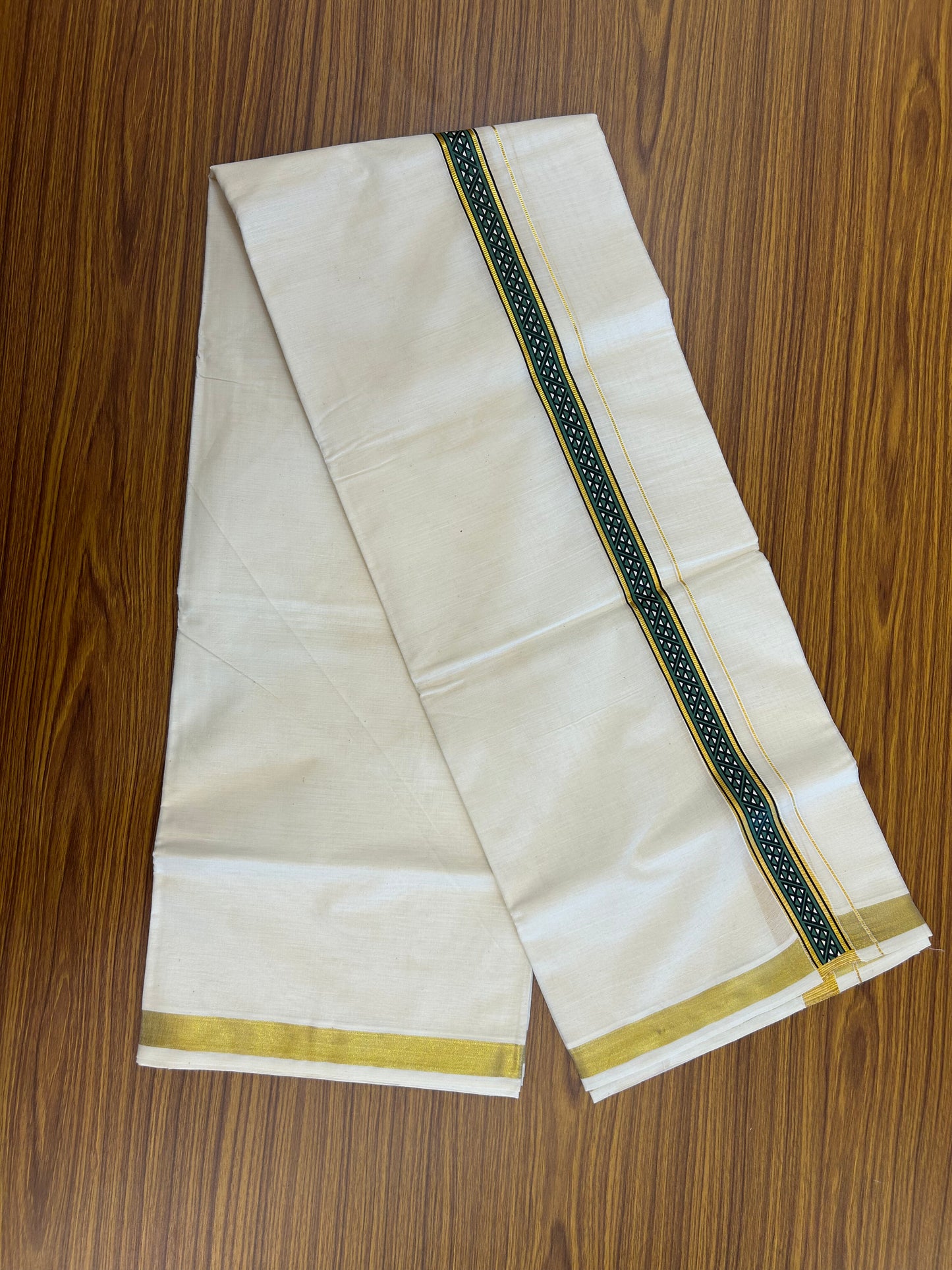 20% Discount!! KaithariKada Balaramapuram 100% Cotton Double Off White - (Unbleached) Mundu/Dhoti (60s) - 2 inch Gold Kasav Green & Black Triangle Printed Design Kara - 18 KK5371 GAN