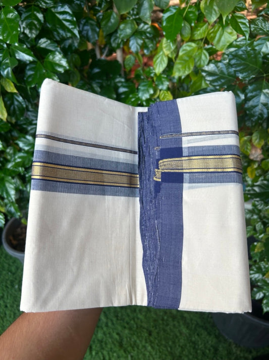 25% Discount ! KaithariKada Handloom Millpaav Balaramapuram -  Cotton Off White (Unbleached) Double Mundu/Dothi - 80x90 - 1.75 inch Gold Kasavu & Navy Blue Stripes Mulloth Kara 4 Meters (8.5 Muzham) - 119 KK5256 RAM