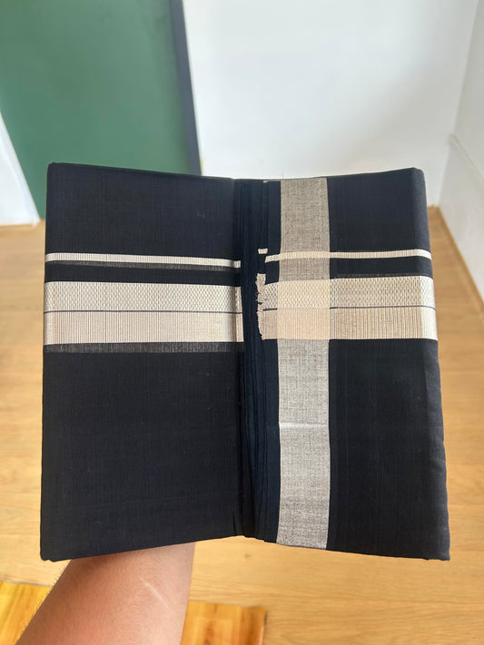 25% Discount! KaithariKada Handloom Unakkupaav Kerala Handloom - 100% Cotton Double Mundu/Dhoti - Black Colour Body - 1.5 inch Silver Kasav Striped  Kara - 4 Mtr (8.5 Muzham) - 2 KK5387 YAR