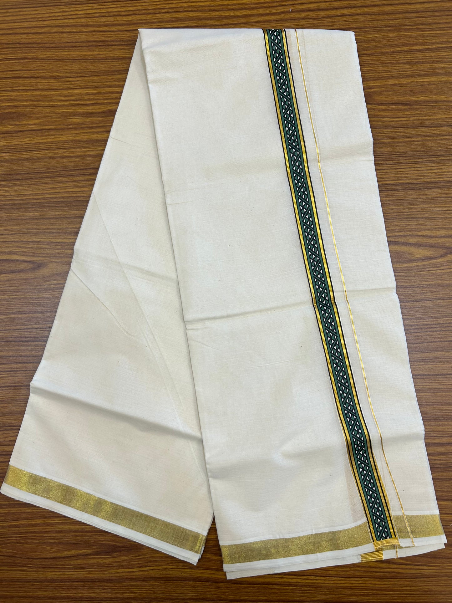 20% Discount!! KaithariKada Balaramapuram 100% Cotton Double Off White - (Unbleached) Mundu/Dhoti (60s) - 2 inch Gold Kasav Green & Black Triangle Printed Design Kara - 18 KK5371 GAN
