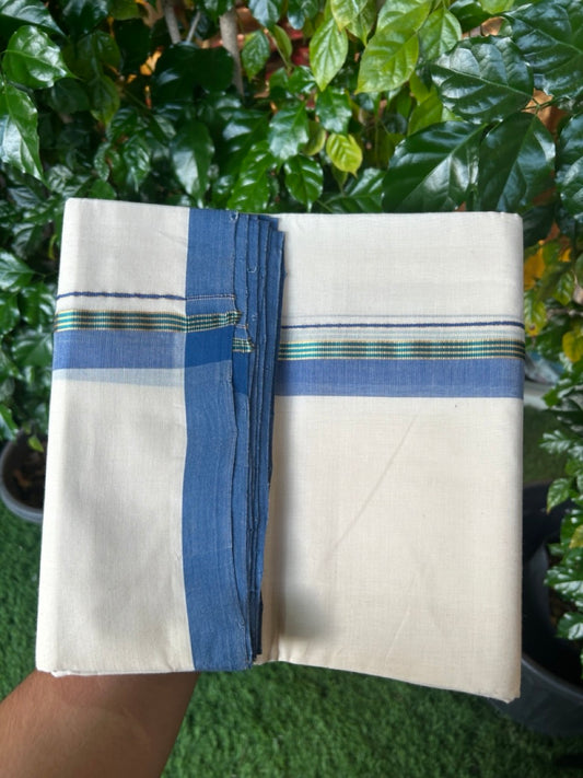 25% Discount ! KaithariKada Handloom Millpaav Balaramapuram -  Cotton Off White (Unbleached) Double Mundu/Dothi - 80x90 - 1.25 inch Gold Kasavu & Peacock Blue Kasav , Blue Mulloth Kara 4 Meters (8.5 Muzham) - 109 KK5256 RAM