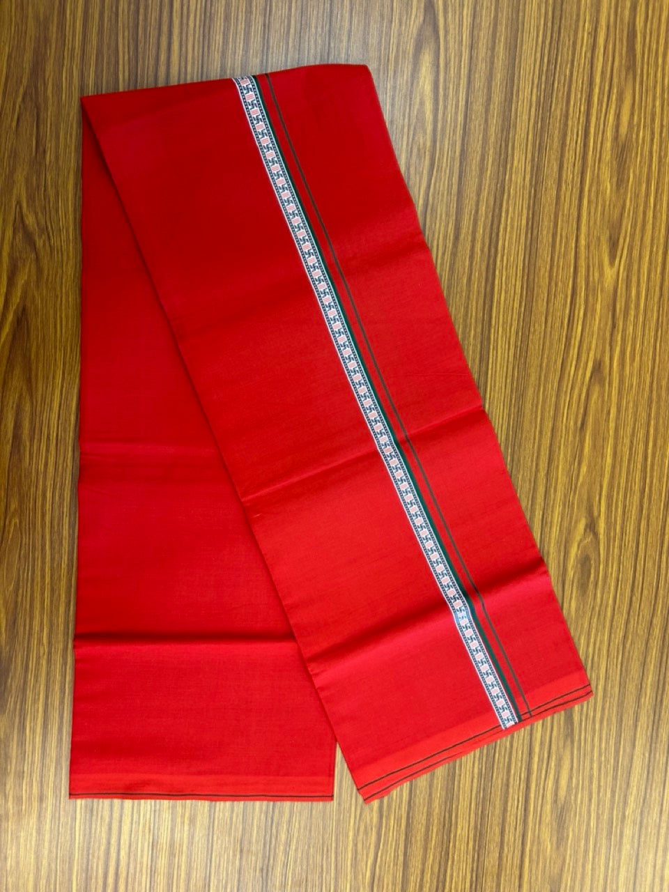 39% Discount! Kaitharikada - Pure Cotton - Single Kaily / Lungi - 0.75 inch Green & Multi colour Pattern Printed kara with Red colour body (2 meter / 4 muzham) - 40 KK8035 GAN