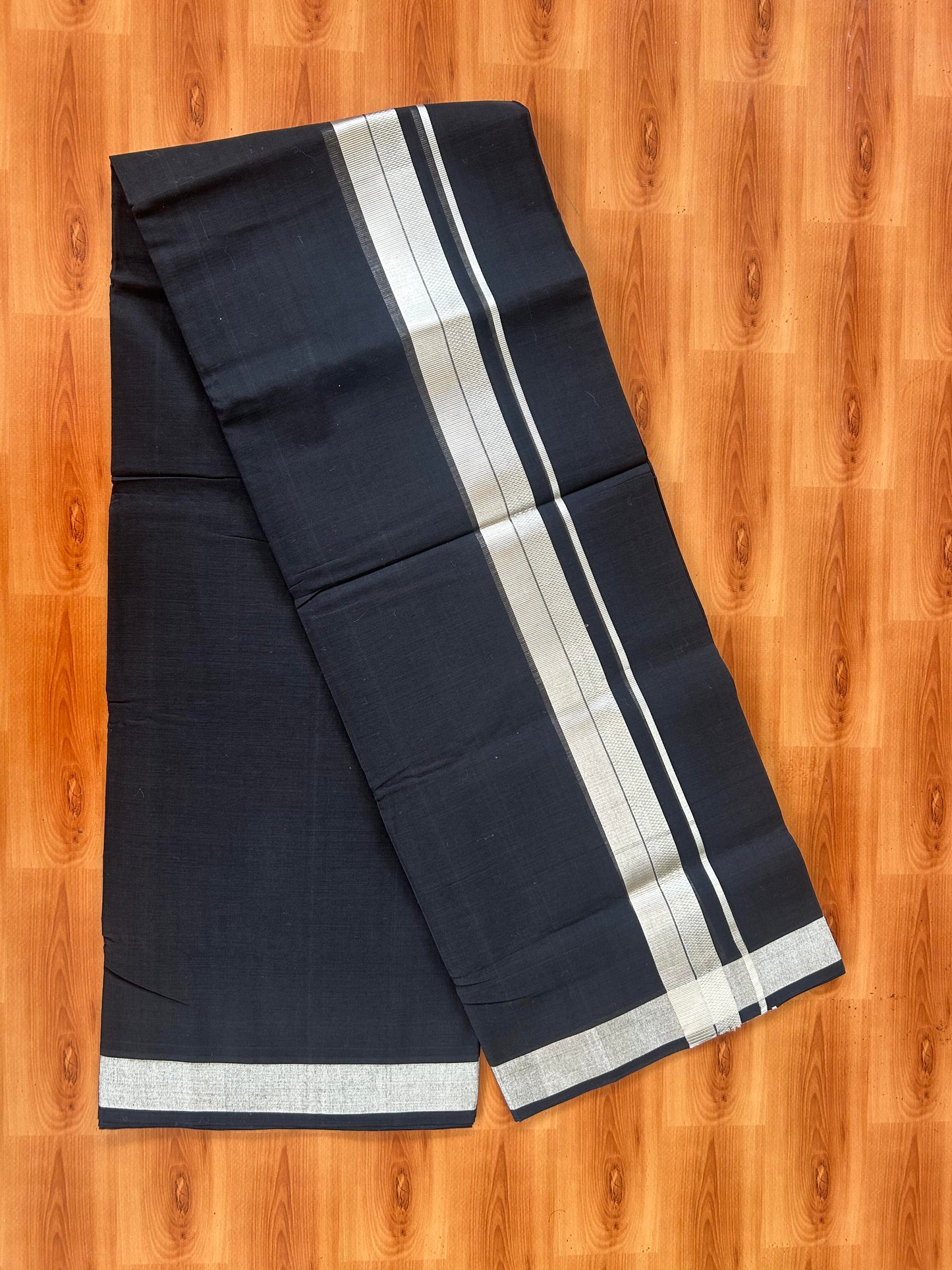 25% Discount! KaithariKada Handloom Unakkupaav Kerala Handloom - 100% Cotton Double Mundu/Dhoti - Black Colour Body - 1.5 inch Silver Kasav Striped  Kara - 4 Mtr (8.5 Muzham) - 2 KK5387 YAR
