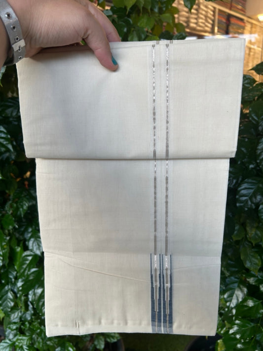 25% Discount!! KaithariKada Handloom Millpaav Balaramapuram - 100% Pure Cotton Off White (Unbleached) Double Mundu/Dhoti - 80x90 s - 1.5 inch Silver kasav Puliyilakkara Peacock Blue Double Chutty 4 mtr (8.5 muzham) - 115 KK5256 RAM