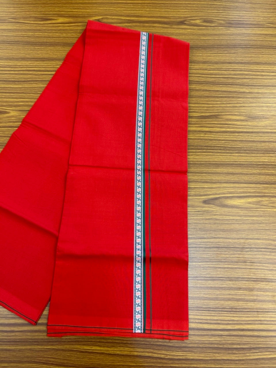39% Discount! Kaitharikada - Pure Cotton - Single Kaily / Lungi - 0.75 inch Green & Multi colour Pattern Printed kara with Red colour body (2 meter / 4 muzham) - 40 KK8035 GAN