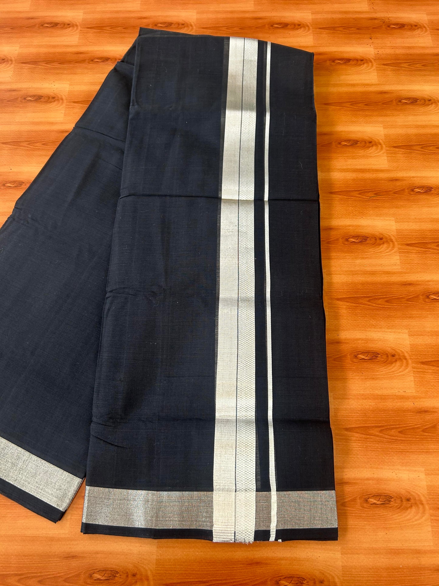 25% Discount! KaithariKada Handloom Unakkupaav Kerala Handloom - 100% Cotton Double Mundu/Dhoti - Black Colour Body - 1.5 inch Silver Kasav Striped  Kara - 4 Mtr (8.5 Muzham) - 2 KK5387 YAR