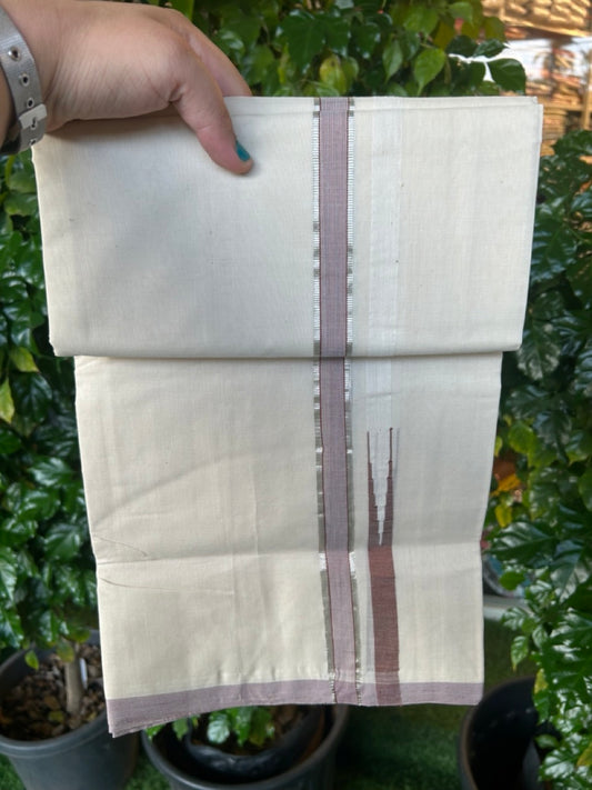 25% Discount ! KaithariKada Handloom Millpaav Balaramapuram - 100% Pure Cotton Off White Double - (Unbleached) Mundu/Dothi - 80X90 - 1 inch Puliyilakkara Silver Kasavu & Brown Stripes chutty Kara 4 mtr (8.5 Muzham) - 127 KK5236 RAM