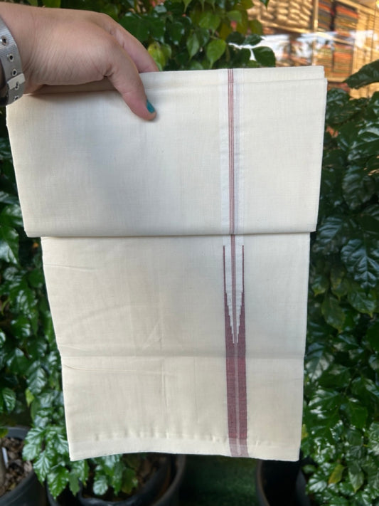 25% Discount ! KaithariKada Handloom Millpaav Balaramapuram - 100% Pure Cotton Off White Double - (Unbleached) Mundu/Dothi - 80X90 - 1 inch Puliyilakkara Maroon Stripes chutty Kara 4 mtr (8.5 Muzham) - 128 KK5236 RAM