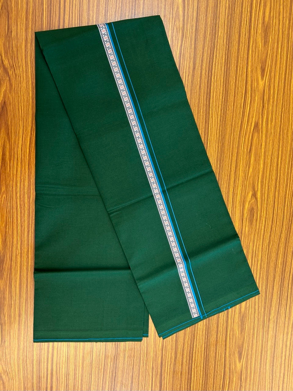 39% Discount! Kaitharikada - Pure Cotton - Single Kaily / Lungi - 0.75 inch Sky Blue & Multi colour Pattern Printed kara with Bottle Green colour body (2 meter / 4 muzham) - 26 KK8035 GAN