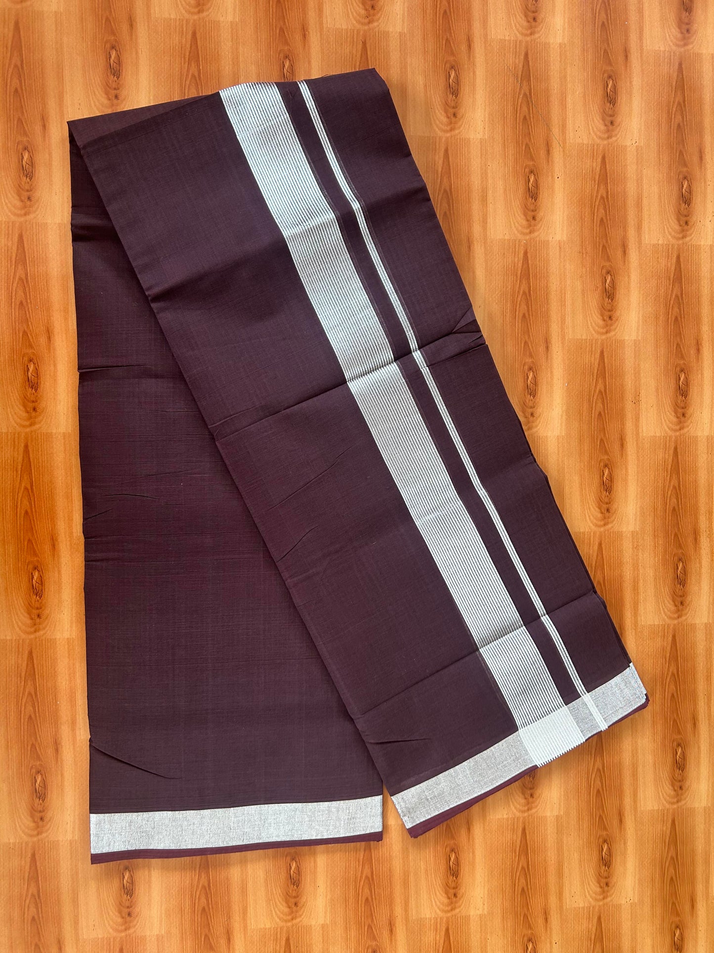 25% Discount! KaithariKada Handloom Unakkupaav Kerala Handloom - 100% Cotton Double Mundu/Dhoti - Chocolate Brown Colour Body - 1.75 inch Silver Kasav Striped  Kara - 4 Mtr (8.5 Muzham) - 1 KK5387 YAR