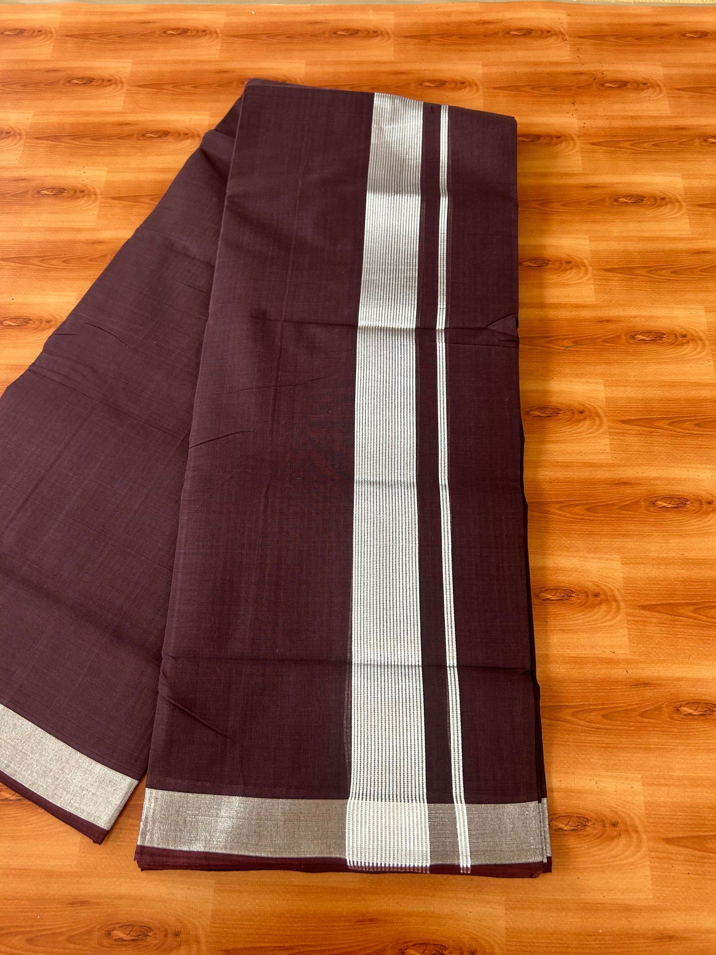 25% Discount! KaithariKada Handloom Unakkupaav Kerala Handloom - 100% Cotton Double Mundu/Dhoti - Chocolate Brown Colour Body - 1.75 inch Silver Kasav Striped  Kara - 4 Mtr (8.5 Muzham) - 1 KK5387 YAR