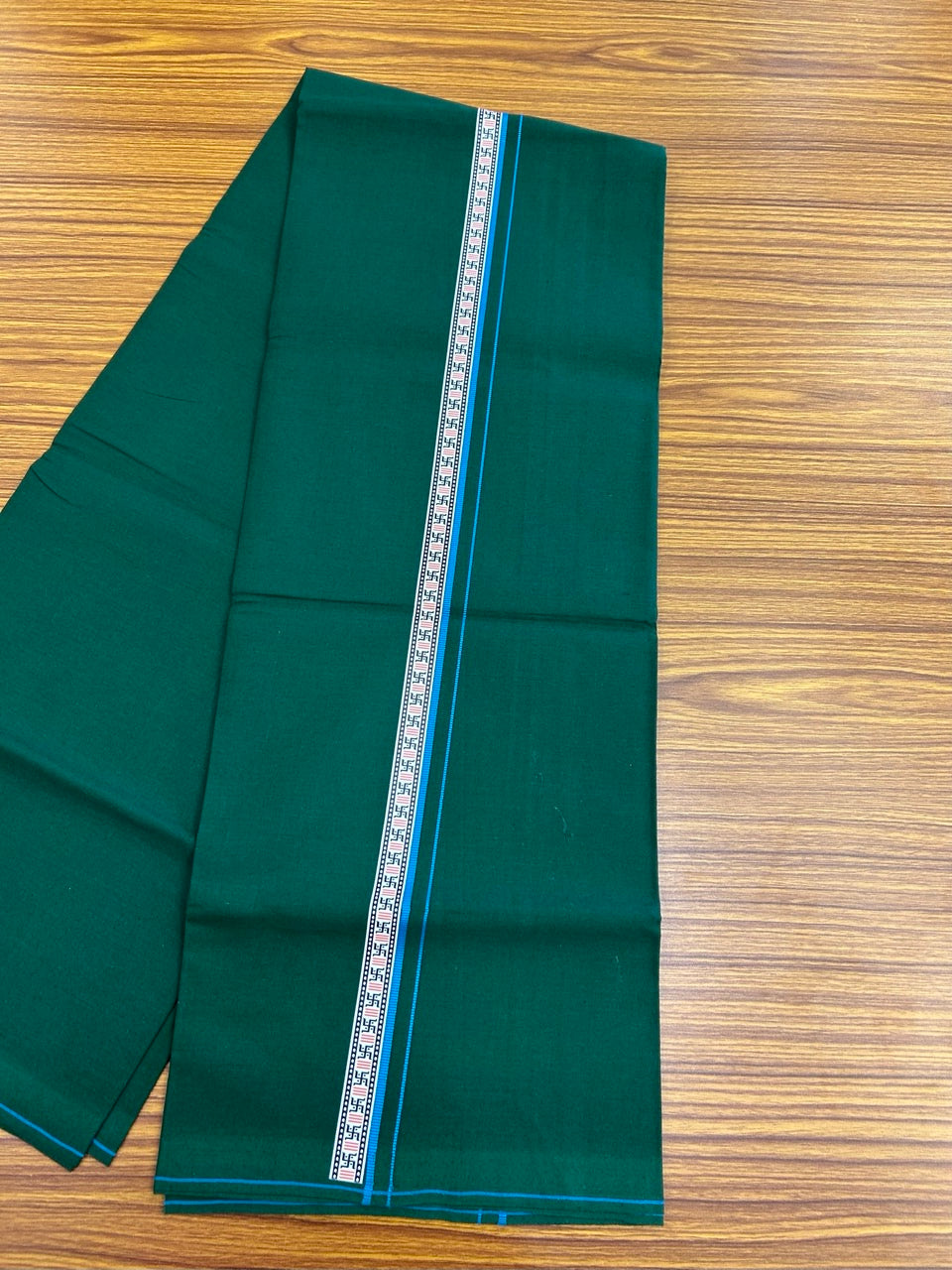 39% Discount! Kaitharikada - Pure Cotton - Single Kaily / Lungi - 0.75 inch Sky Blue & Multi colour Pattern Printed kara with Bottle Green colour body (2 meter / 4 muzham) - 26 KK8035 GAN