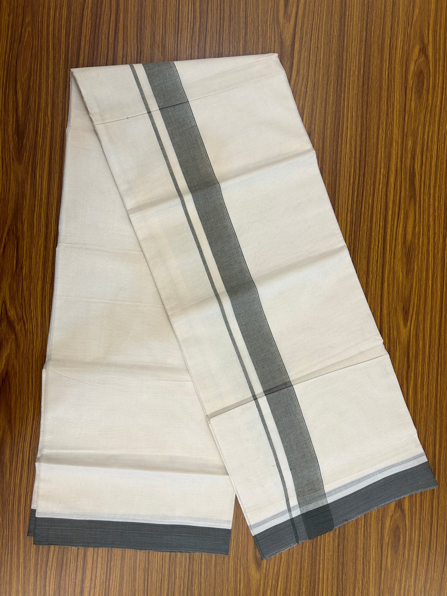 20% Discount ! KaithariKada Balaramapuram 100% Cotton Double Off White (Unbleached) - Mundu / Dhoti- 100x80 -  1.5 inch Green & Light Brown Stripes Kara 4 mtr (8.5 Muzham) - 20 KK5371 VIN