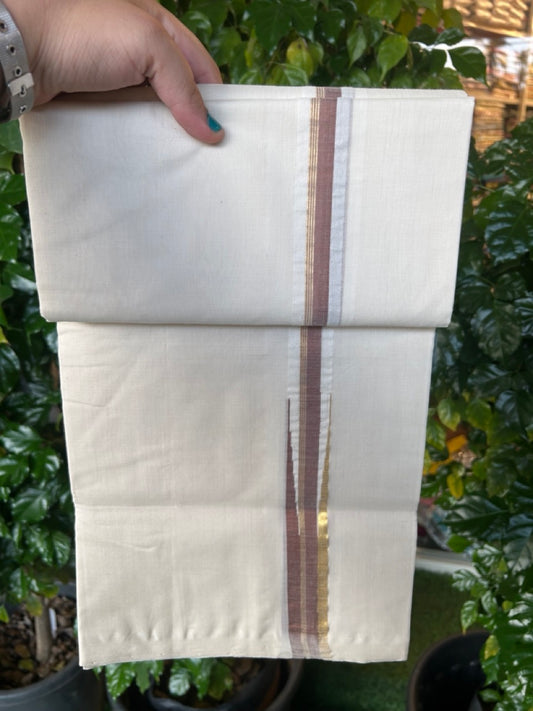 25% Discount ! KaithariKada Handloom Millpaav Balaramapuram - 100% Pure Cotton Off White Double - (Unbleached) Mundu/Dothi - 80X90 - 1.25 inch Puliyilakkara Brown & Gold Kasavu Stripes chutty Kara 4 mtr (8.5 Muzham) - 121 KK5236 RAM