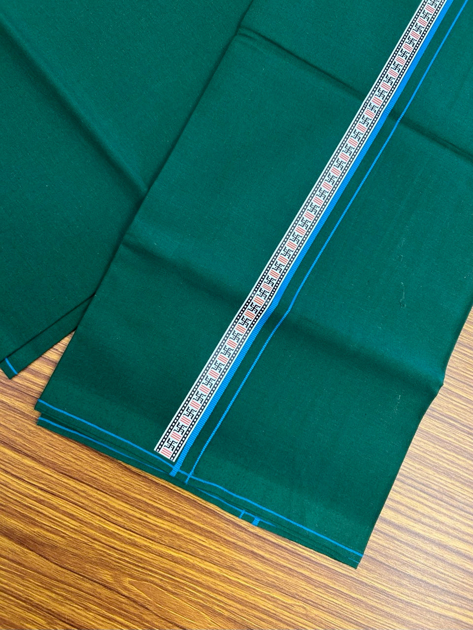 39% Discount! Kaitharikada - Pure Cotton - Single Kaily / Lungi - 0.75 inch Sky Blue & Multi colour Pattern Printed kara with Bottle Green colour body (2 meter / 4 muzham) - 26 KK8035 GAN