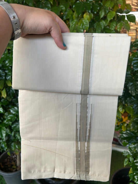 25% Discount ! KaithariKada Handloom Millpaav Balaramapuram - 100% Pure Cotton Off White Double - (Unbleached) Mundu/Dothi - 80X90 - 1.25 inch Puliyilakkara Sage Green & Silver Kasavu Stripes chutty Kara 4 mtr (8.5 Muzham) - 123 KK5236 RAM