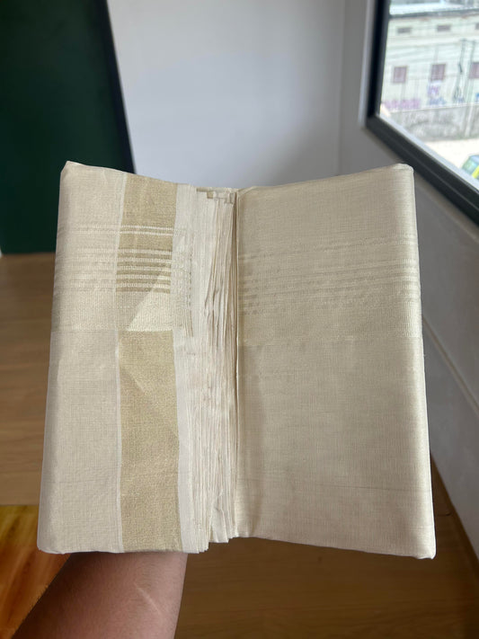 25% Discount ! KaithariKada Handloom Millpaav Kerala Handloom - Pure Cotton Off White - (Unbleached) Double Mundu/Dhoti - (80X90) - 2 inch Light Gold Kasav Tissue Striped Tissue Body 4 mtr (8.5 Muzham) - 34 KK5386 RAM