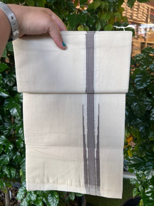25% Discount ! KaithariKada Handloom Millpaav Balaramapuram - 100% Pure Cotton Off White Double - (Unbleached) Mundu/Dothi - 80X90 - 1.25 inch Puliyilakkara Dark Brown & Silver Kasavu Stripes chutty Kara 4 mtr (8.5 Muzham) - 124 KK5236 RAM