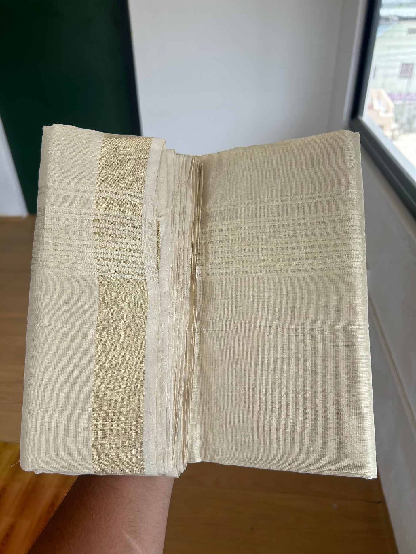25% Discount ! KaithariKada Handloom Millpaav Kerala Handloom - Pure Cotton Off White - (Unbleached) Double Mundu/Dhoti - (80X90) - 2.25 inch Light Gold Kasav Tissue Striped Tissue Body 4 mtr (8.5 Muzham) - 48 KK5386 RAM