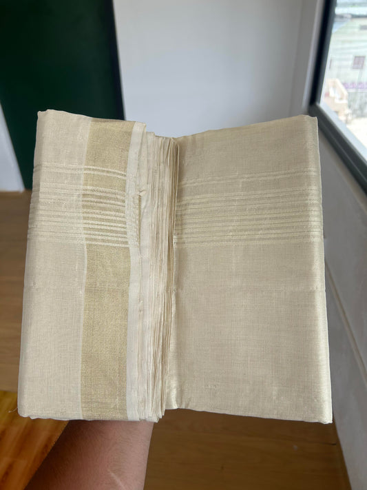 25% Discount ! KaithariKada Handloom Millpaav Kerala Handloom - Pure Cotton Off White - (Unbleached) Double Mundu/Dhoti - (80X90) - 2.25 inch Light Gold Kasav Tissue Striped Tissue Body 4 mtr (8.5 Muzham) - 48 KK5386 RAM