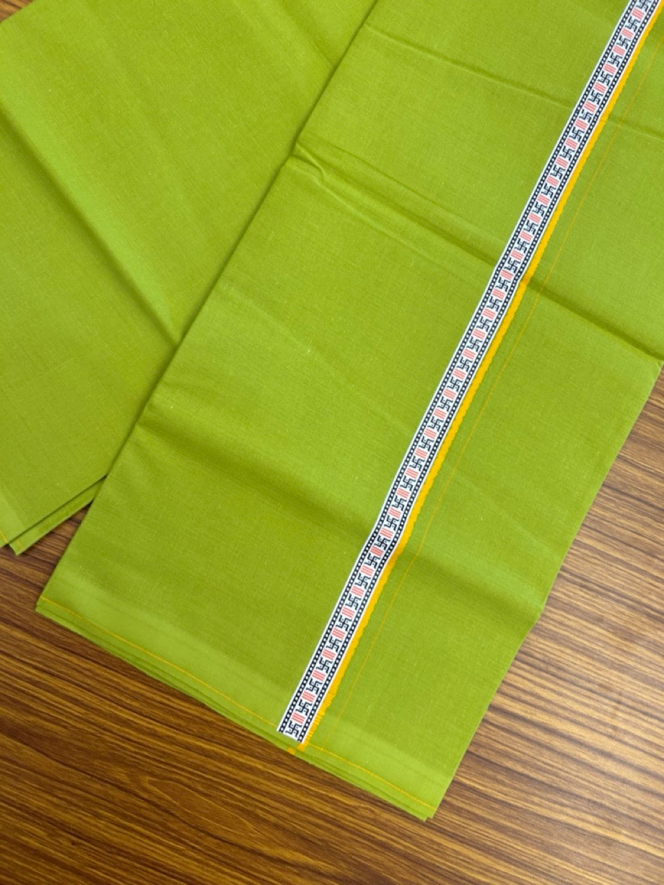 39% Discount! Kaitharikada - Pure Cotton - Single Kaily / Lungi - 0.75 inch Yellow & Multi colour Pattern Printed kara with Parrot Green colour body (2 meter / 4 muzham) - 23 KK8035 GAN