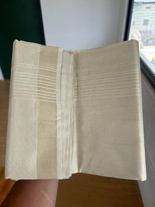 25% Discount ! KaithariKada Handloom Millpaav Kerala Handloom - Pure Cotton Off White - (Unbleached) Double Mundu/Dhoti - (80X90) - 2.25 inch Light Gold Kasav Tissue Striped Tissue Body 4 mtr (8.5 Muzham) - 47 KK5386 RAM