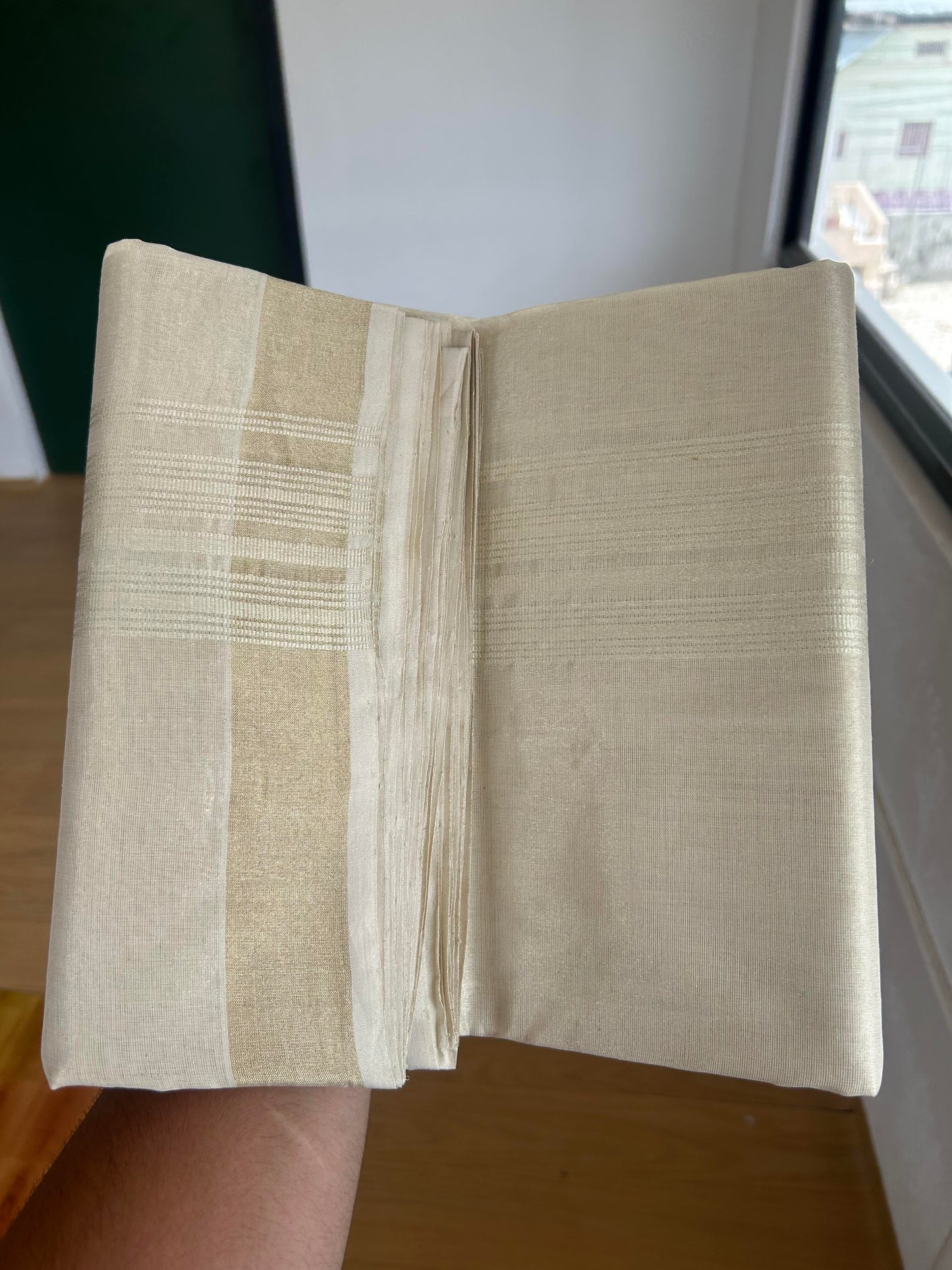 25% Discount ! KaithariKada Handloom Millpaav Kerala Handloom - Pure Cotton Off White - (Unbleached) Double Mundu/Dhoti - (80X90) - 2.25 inch Light Gold Kasav Tissue Striped Tissue Body 4 mtr (8.5 Muzham) - 46 KK5386 RAM