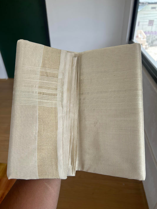 25% Discount ! KaithariKada Handloom Millpaav Kerala Handloom - Pure Cotton Off White - (Unbleached) Double Mundu/Dhoti - (80X90) - 2.25 inch Light Gold Kasav Tissue Striped Tissue Body 4 mtr (8.5 Muzham) - 46 KK5386 RAM