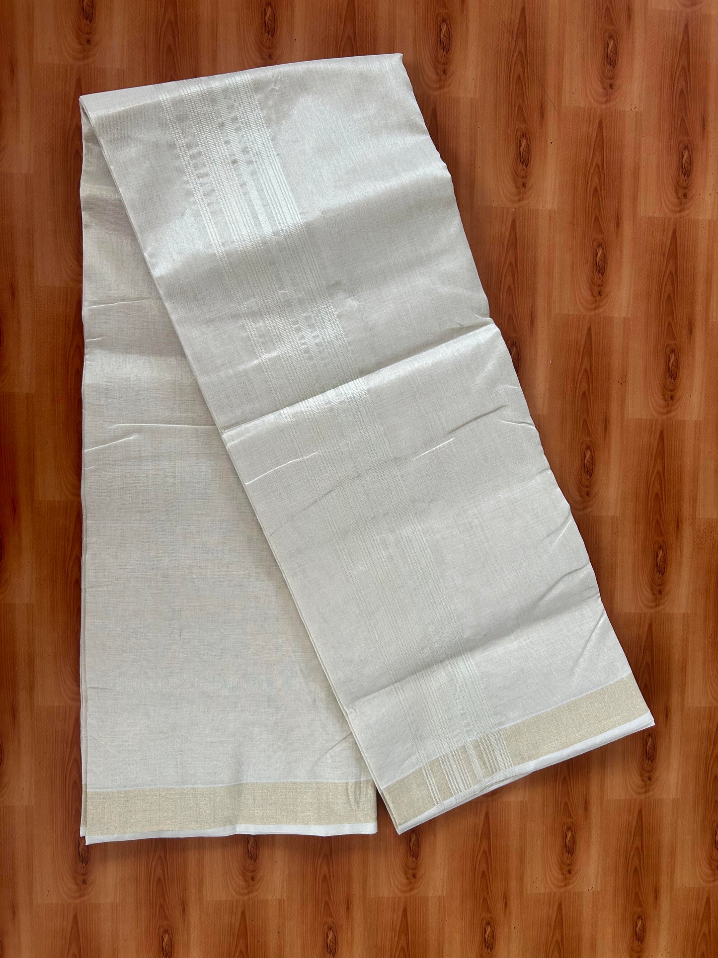25% Discount ! KaithariKada Handloom Millpaav Kerala Handloom - Pure Cotton Off White - (Unbleached) Double Mundu/Dhoti - (80X90) - 2.25 inch Light Gold Kasav Tissue Striped Tissue Body 4 mtr (8.5 Muzham) - 46 KK5386 RAM