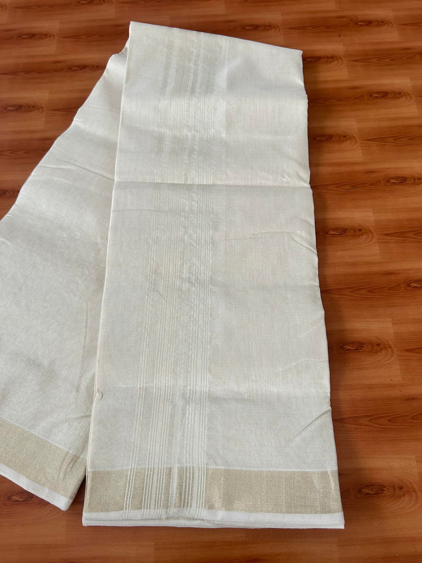 25% Discount ! KaithariKada Handloom Millpaav Kerala Handloom - Pure Cotton Off White - (Unbleached) Double Mundu/Dhoti - (80X90) - 2.25 inch Light Gold Kasav Tissue Striped Tissue Body 4 mtr (8.5 Muzham) - 46 KK5386 RAM
