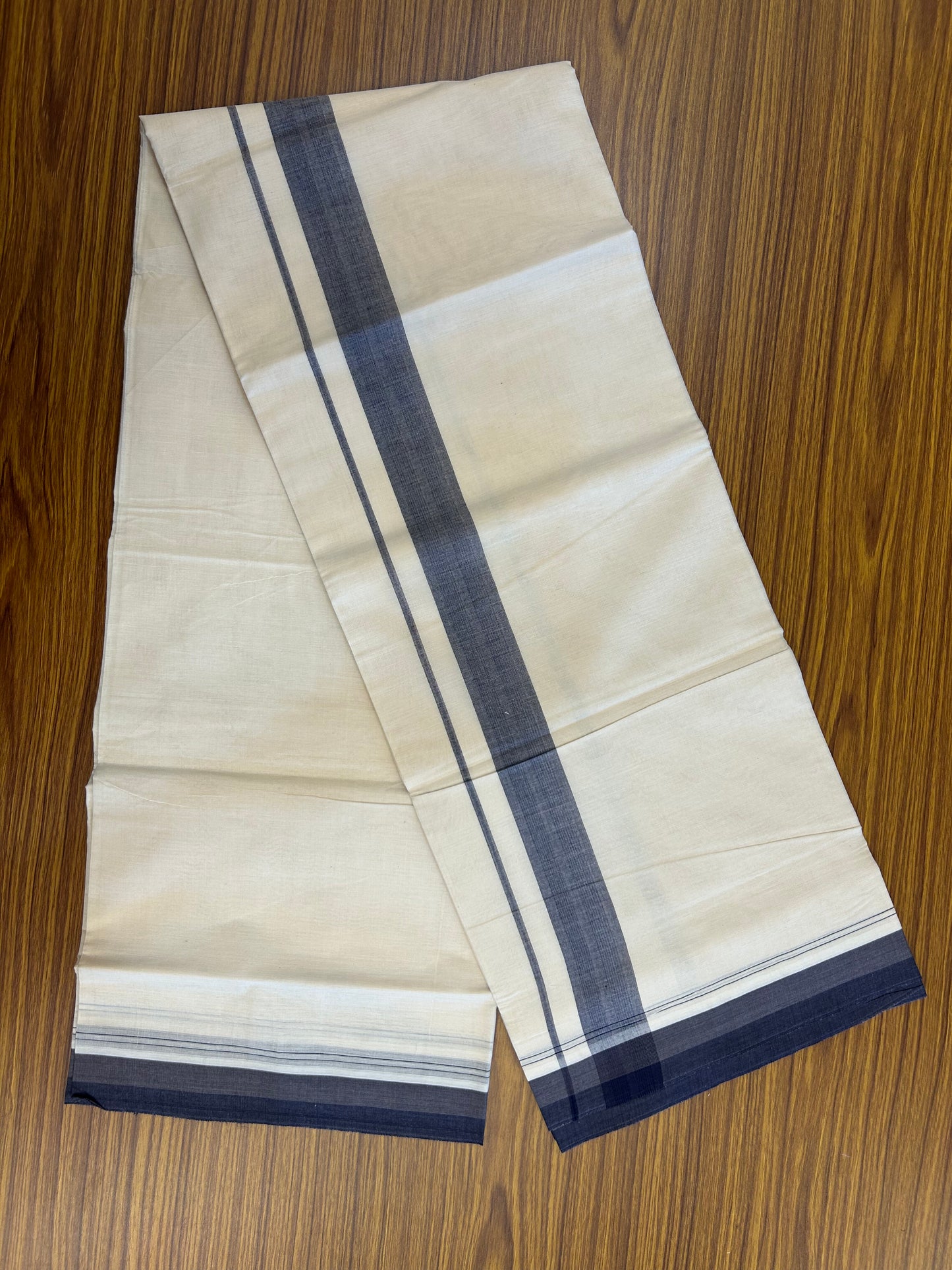 20% DISCOUNT!! KaithariKada Balaramapuram 100%  Cotton OFF WHITE Double - (Unbleached) Mundu/Dhoti - 100X80 - 1.5 inch Purple Ash & Blue Shaded Kara with Stripes - 12 KK5371 VIN