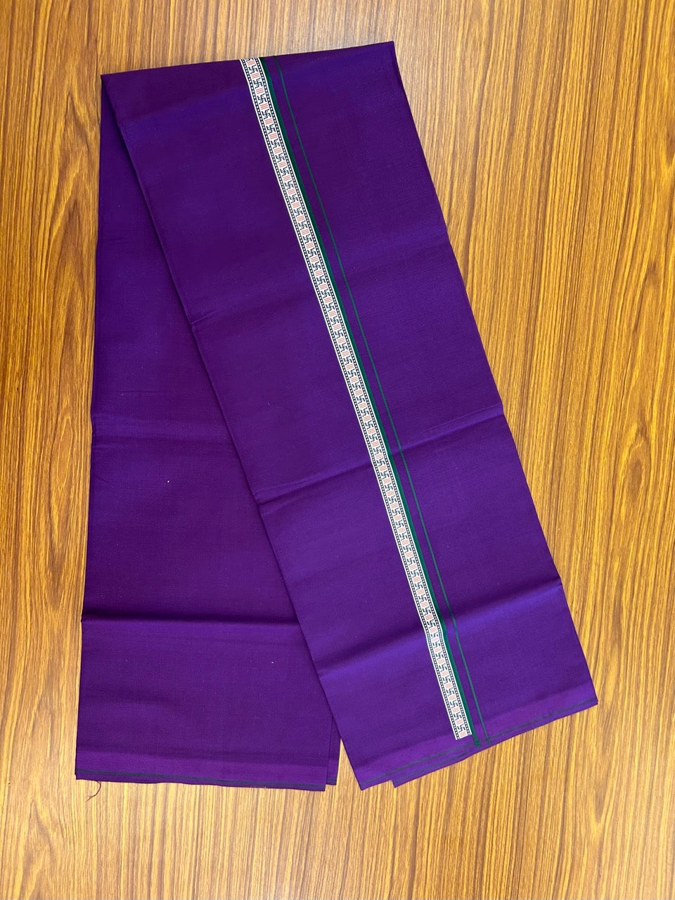39% Discount! Kaitharikada - Pure Cotton - Single Kaily / Lungi - 1 inch Green & Multi colour Pattern Printed kara with Deep Violet colour body (2 meter / 4 muzham) - 22 KK8035 GAN