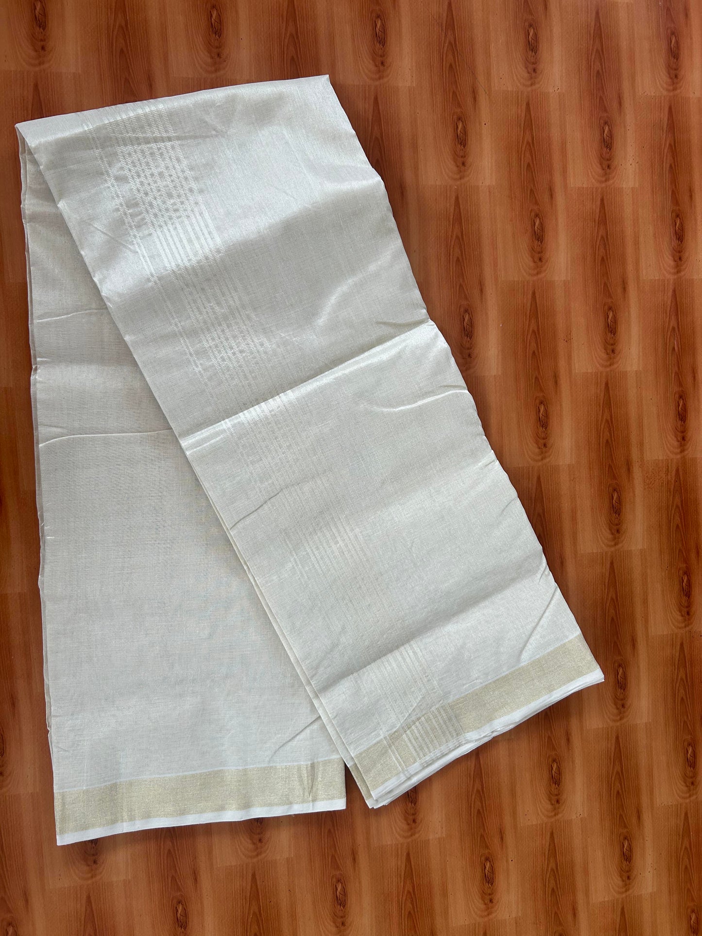 25% Discount ! KaithariKada Handloom Millpaav Kerala Handloom - Pure Cotton Off White - (Unbleached) Double Mundu/Dhoti - (80X90) - 2.25 inch Light Gold Kasav Tissue Striped Tissue Body 4 mtr (8.5 Muzham) - 47 KK5386 RAM
