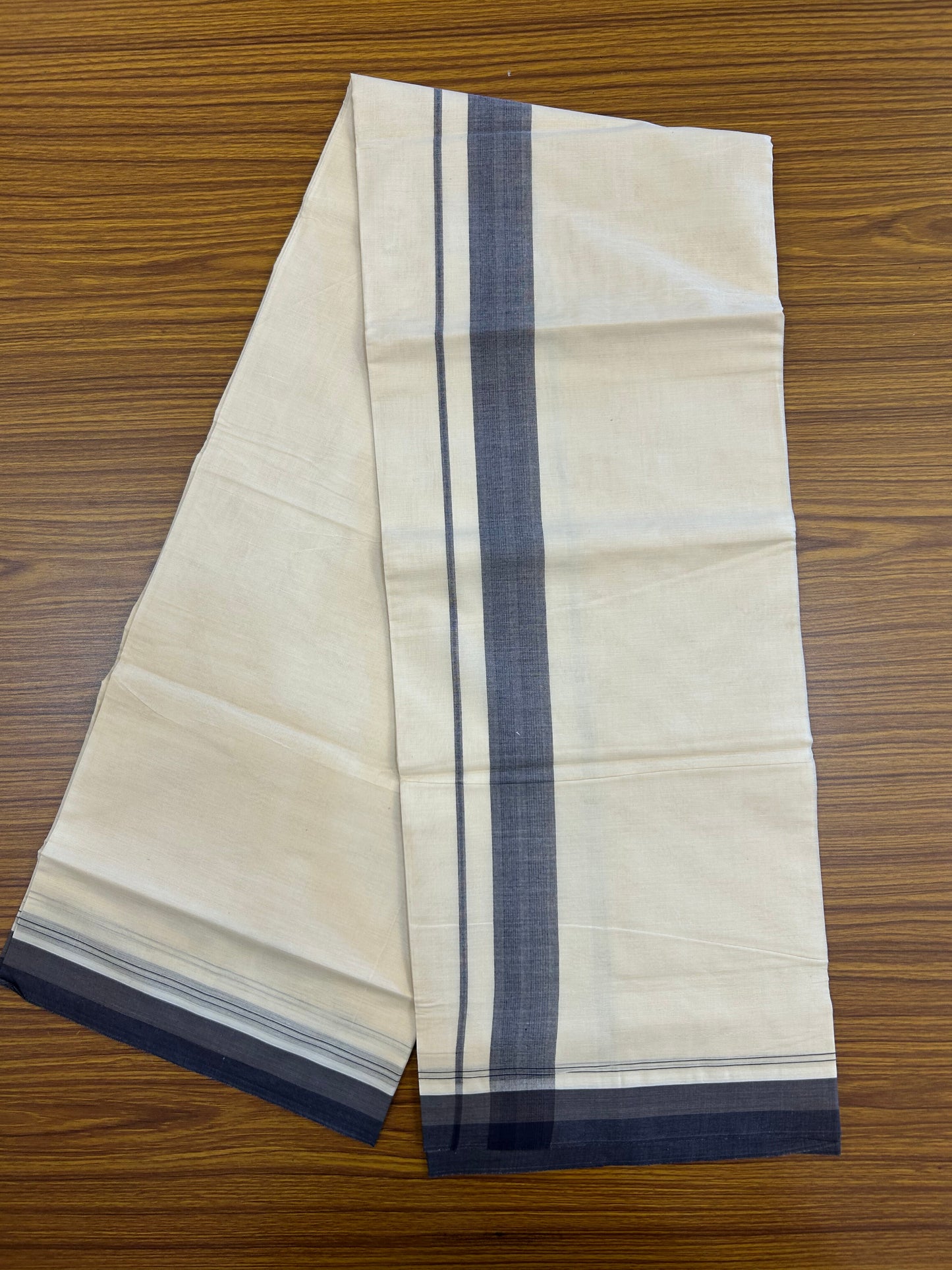 20% DISCOUNT!! KaithariKada Balaramapuram 100%  Cotton OFF WHITE Double - (Unbleached) Mundu/Dhoti - 100X80 - 1.5 inch Purple Ash & Blue Shaded Kara with Stripes - 12 KK5371 VIN