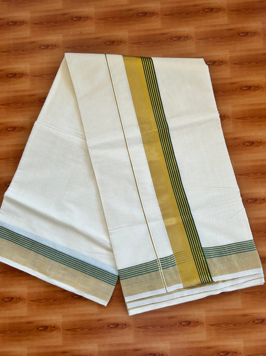 25% Discount! Kaitharikada Kerala Traditional Saree Off white- Mixed Cotton Kasavu Saree - 2.75 Inch  Pallu - Gold Kasav & Green Striped Kara - 38 KK7000 PMC