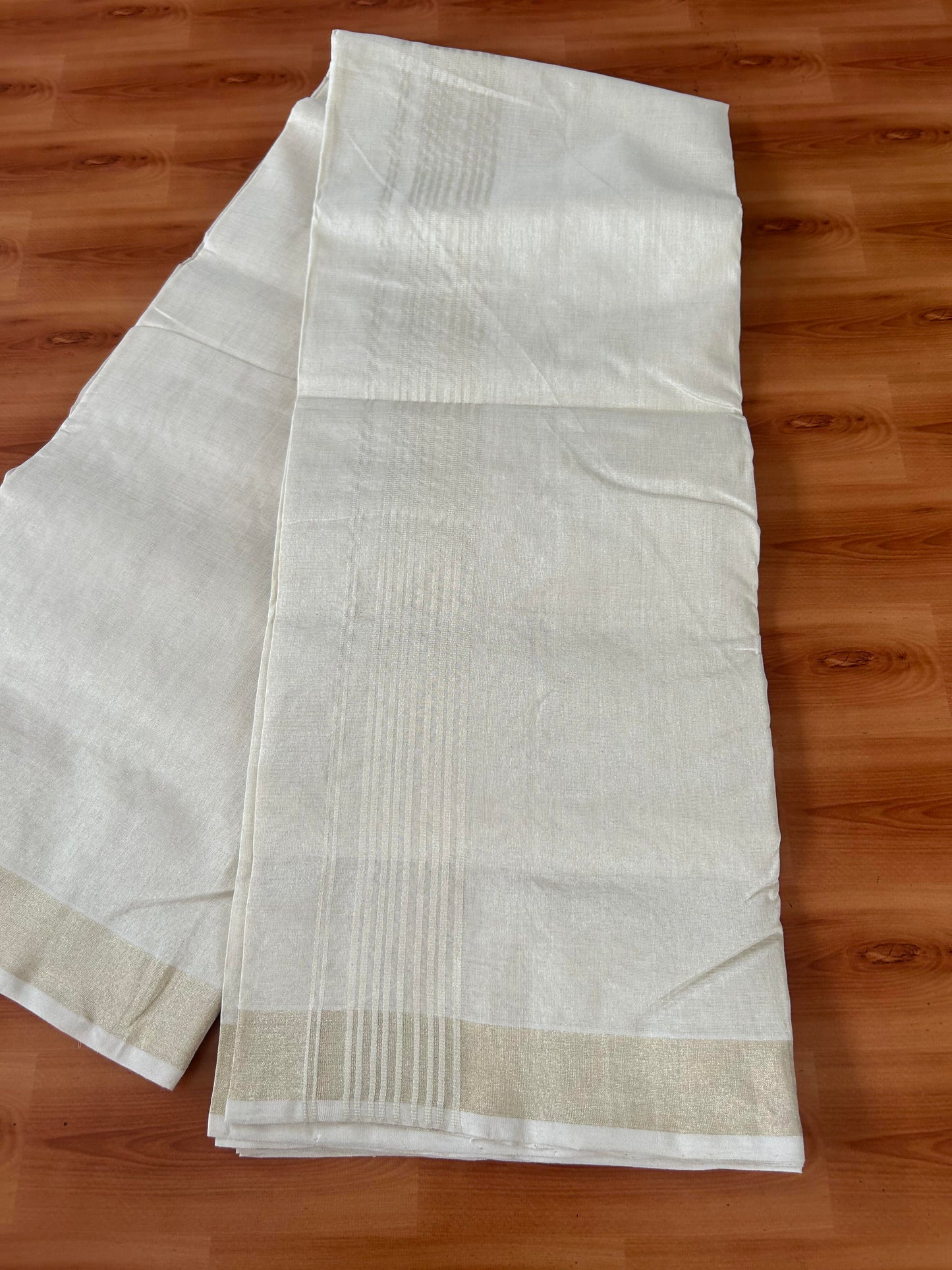 25% Discount ! KaithariKada Handloom Millpaav Kerala Handloom - Pure Cotton Off White - (Unbleached) Double Mundu/Dhoti - (80X90) - 2.25 inch Light Gold Kasav Tissue Striped Tissue Body 4 mtr (8.5 Muzham) - 47 KK5386 RAM
