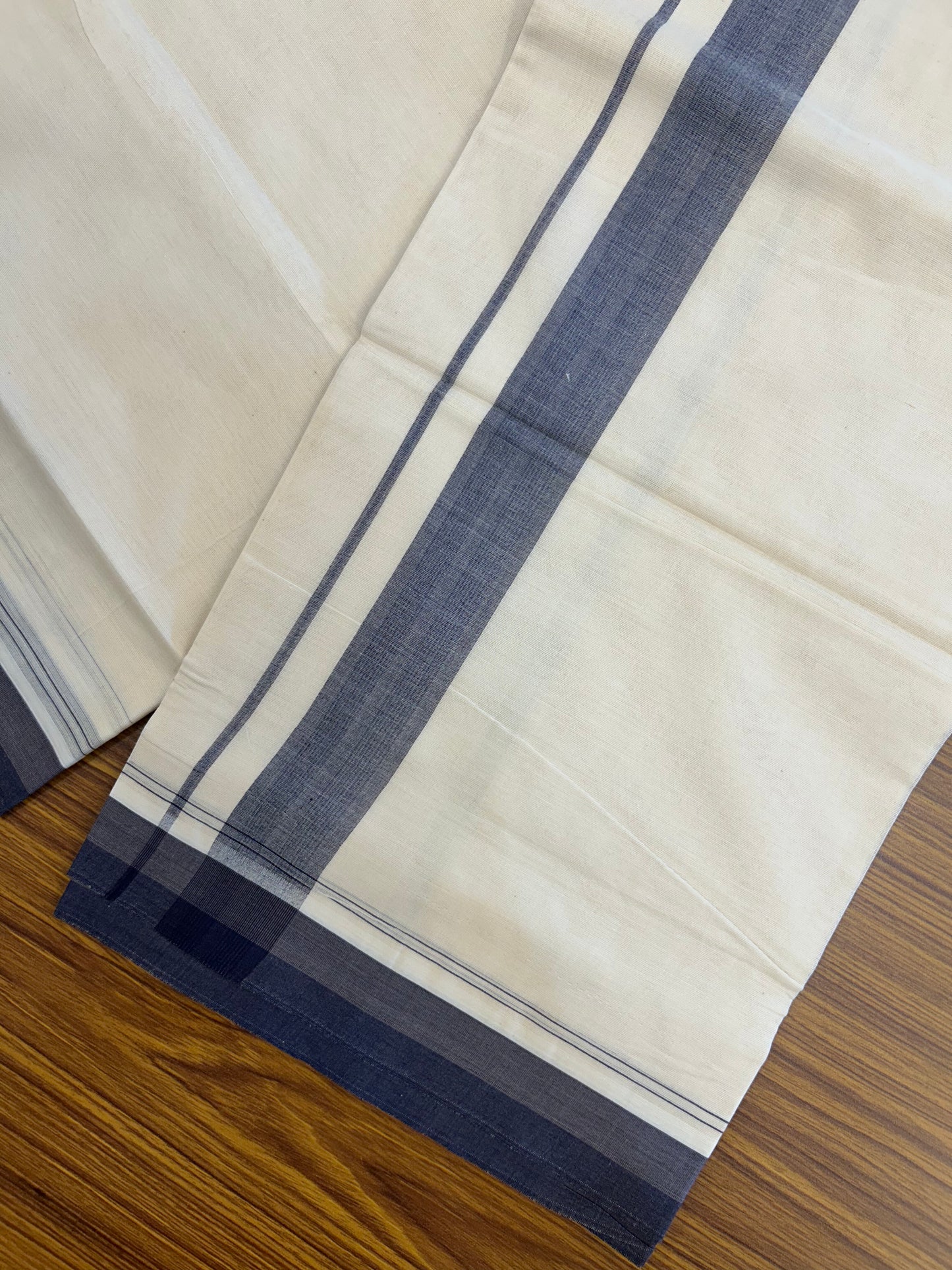 20% DISCOUNT!! KaithariKada Balaramapuram 100%  Cotton OFF WHITE Double - (Unbleached) Mundu/Dhoti - 100X80 - 1.5 inch Purple Ash & Blue Shaded Kara with Stripes - 12 KK5371 VIN