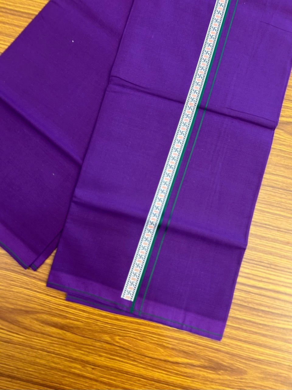 39% Discount! Kaitharikada - Pure Cotton - Single Kaily / Lungi - 1 inch Green & Multi colour Pattern Printed kara with Deep Violet colour body (2 meter / 4 muzham) - 22 KK8035 GAN
