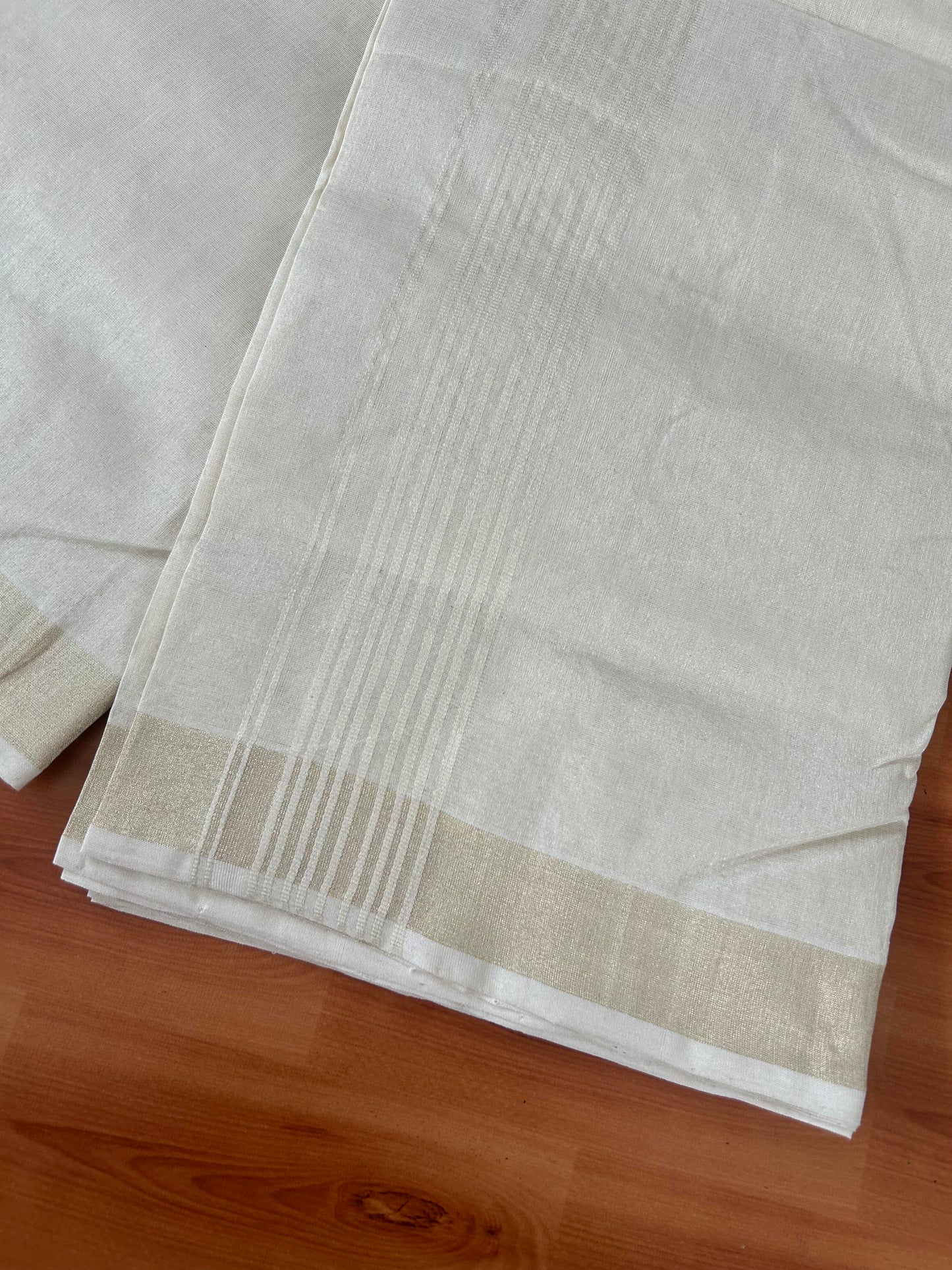 25% Discount ! KaithariKada Handloom Millpaav Kerala Handloom - Pure Cotton Off White - (Unbleached) Double Mundu/Dhoti - (80X90) - 2.25 inch Light Gold Kasav Tissue Striped Tissue Body 4 mtr (8.5 Muzham) - 47 KK5386 RAM