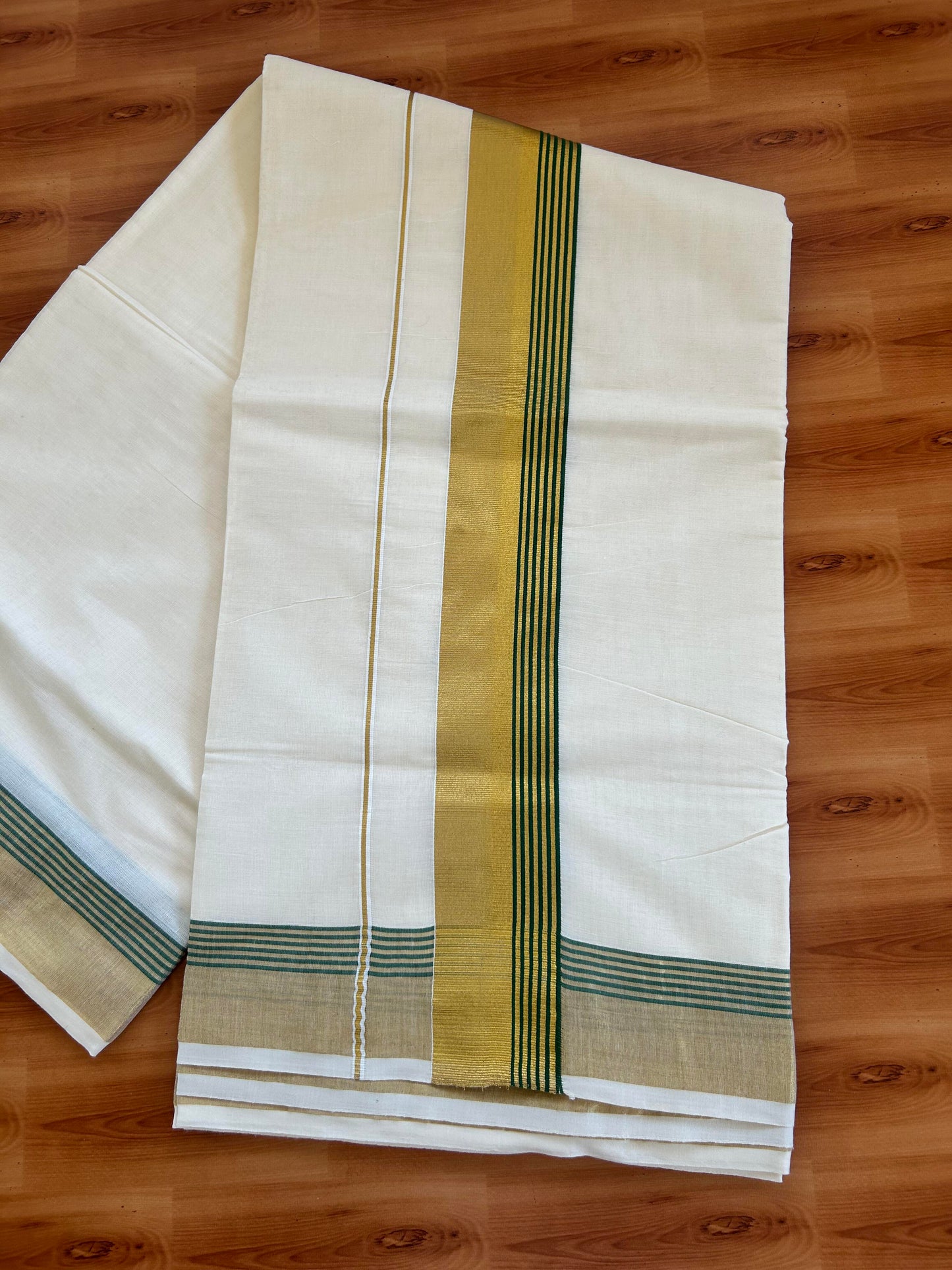 25% Discount! Kaitharikada Kerala Traditional Saree Off white- Mixed Cotton Kasavu Saree - 2.75 Inch  Pallu - Gold Kasav & Green Striped Kara - 38 KK7000 PMC