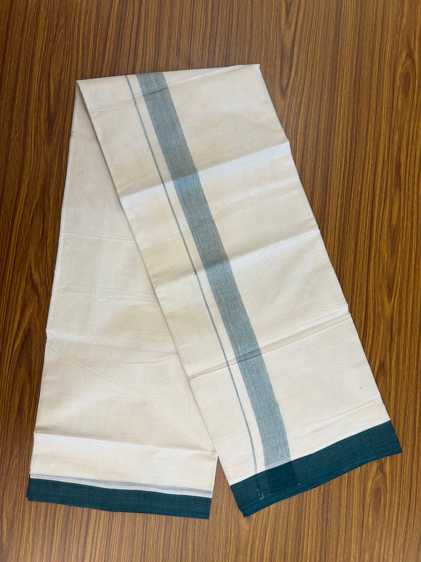 20% Discount ! KaithariKada Balaramapuram 100% Cotton Double Off White (Unbleached) - Mundu / Dhoti- 100x80 -  1.5 inch Dark Green Shaded Kara 4 mtr (8.5 Muzham) - 14 KK5371 VIN