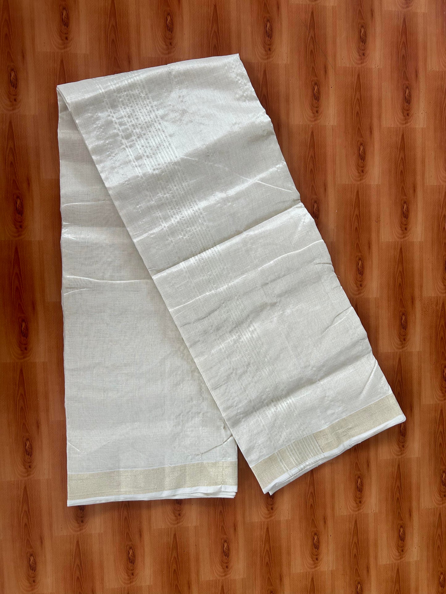 25% Discount ! KaithariKada Handloom Millpaav Kerala Handloom - Pure Cotton Off White - (Unbleached) Double Mundu/Dhoti - (80X90) - 2.25 inch Light Gold Kasav Tissue Striped Tissue Body 4 mtr (8.5 Muzham) - 48 KK5386 RAM